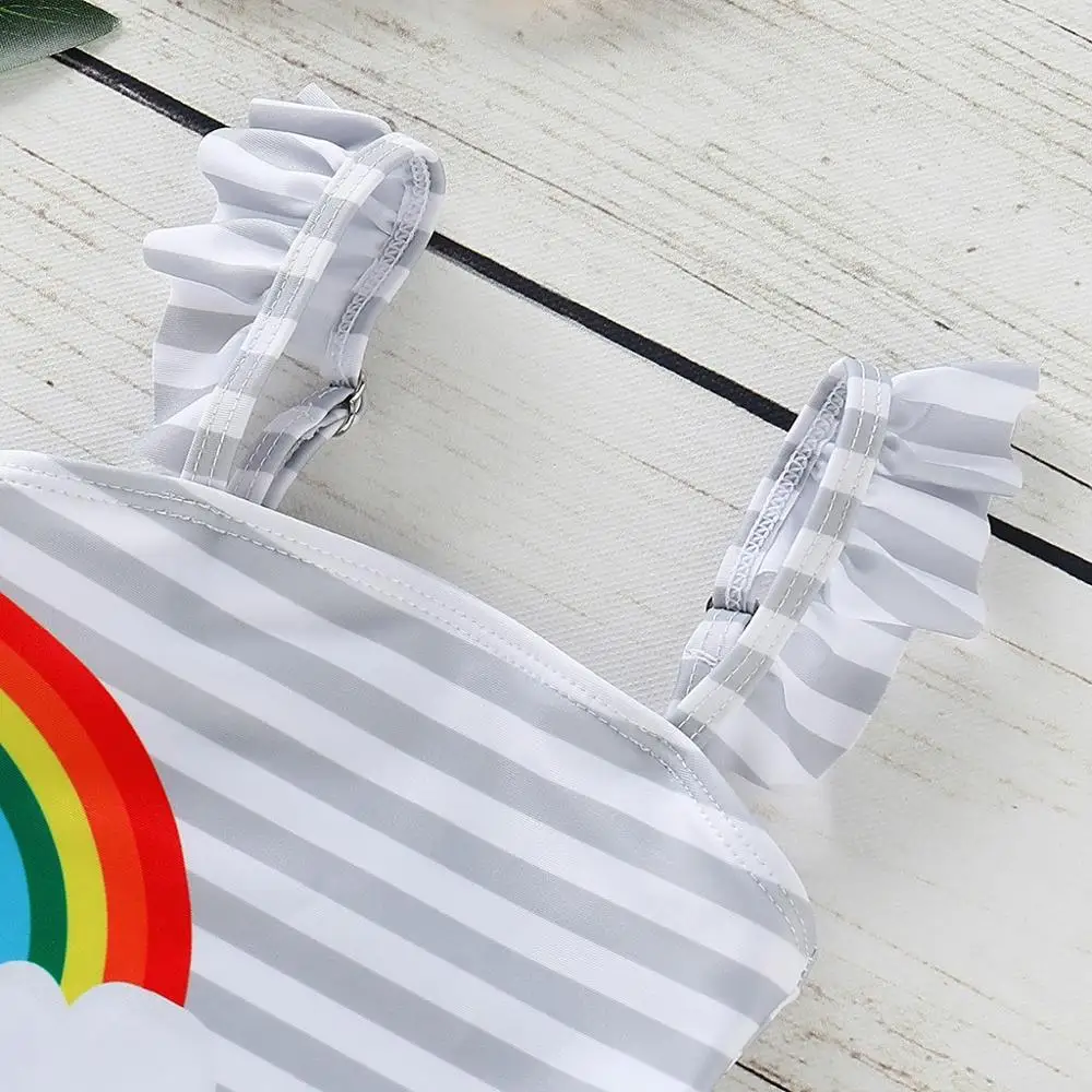 Toddler Baby Girl swimwear Two pieces Set Children Kids Girls Bikini Beach Strip Rainbow Print One Piece Swimsuit A1