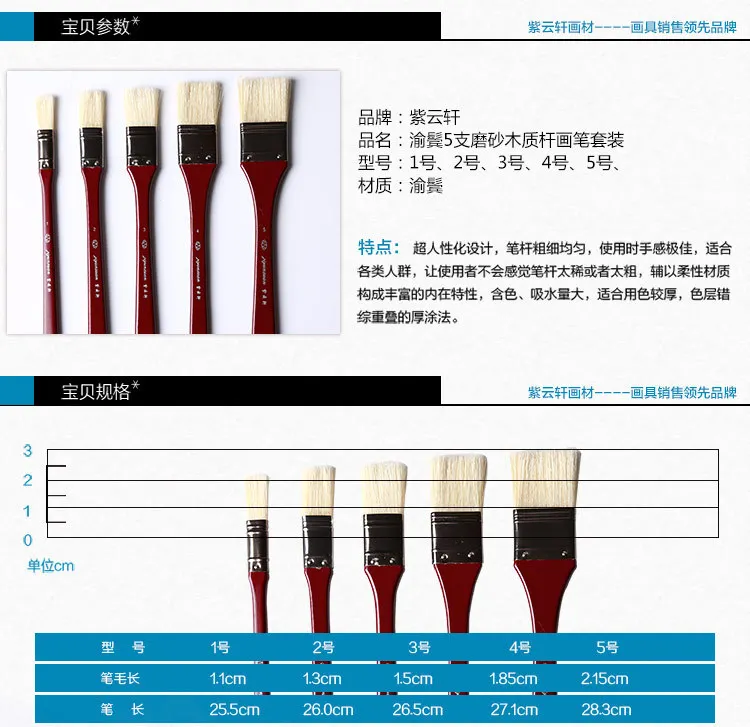 5 Костюмы товары для рукоделия щетинная щетка для волос матовая древесины стержень набор кистей кисть масляные краски, кисти Книги по
