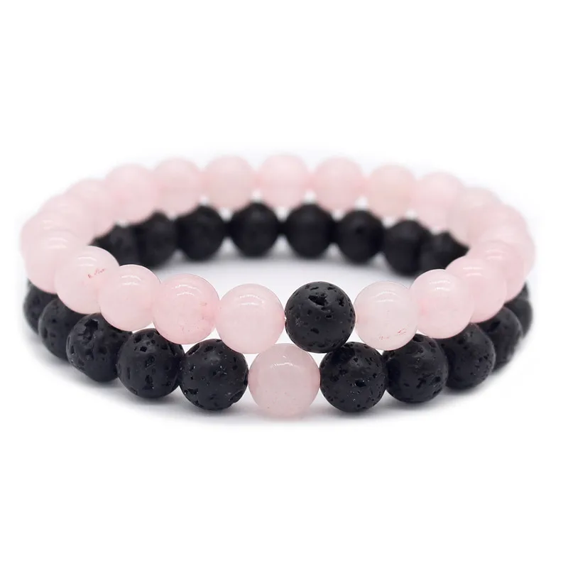 PHB002 2pcs/set 8mm Natural Stone Bracelets& Bangles Couple Bracelet for Lovers Gift - Окраска металла: pink black