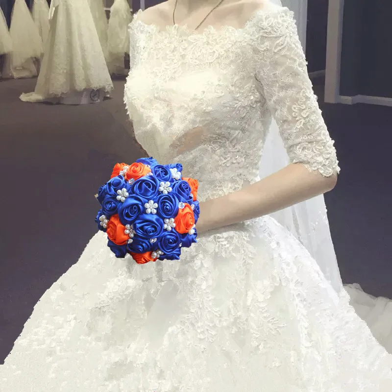 In Stock Royal Blue Orange Crystal Diamond Bridal Bouquet High