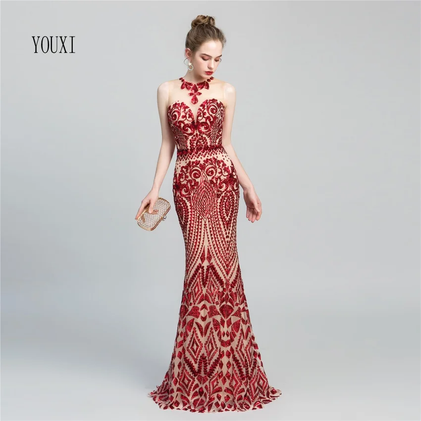 

Mermaid Sequined Embroidery Lace Long Evening Dresses 2019 New Arrivals Sexy Red Formal Prom Gowns