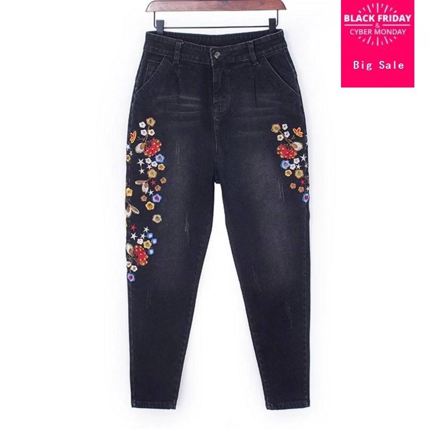 

2XL-7XL plus size embroidery cotton pencil jeans 2019 winter women European black jeans was thin with stretch warm jeans wj1397