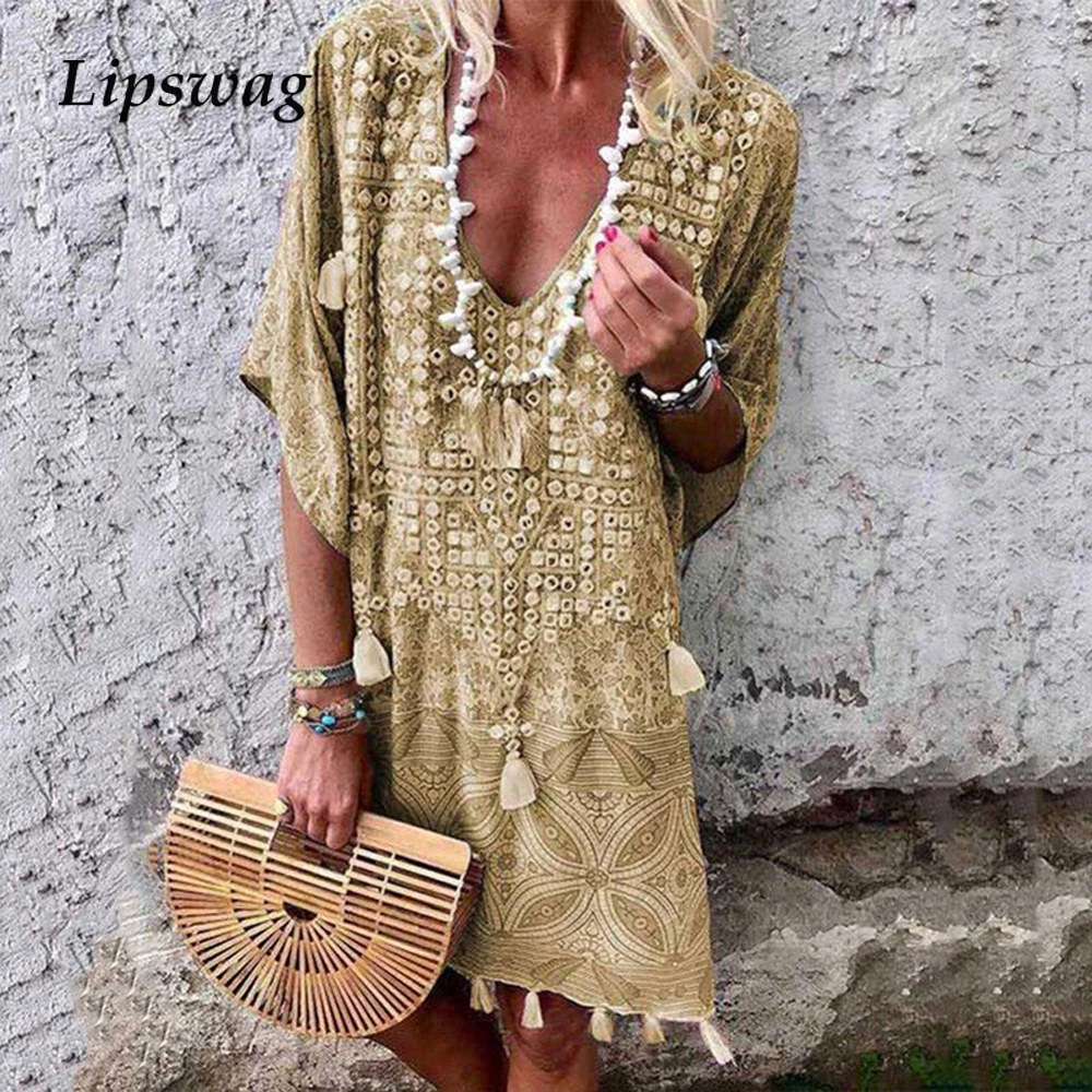 

Lipswag Women Print Sexy V-neck Hlaf Sleeve Party Dresses Casual Loose Mini Boho Dress 2019 Summer Vintage vestidos Femme Dress