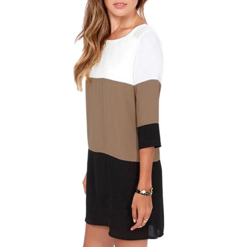 

Fashion Hot Selling Women Dress Contrast Color Blocks Chiffon Half Sleeves Shift Tunic Ladies Vestidos Feminina S-
