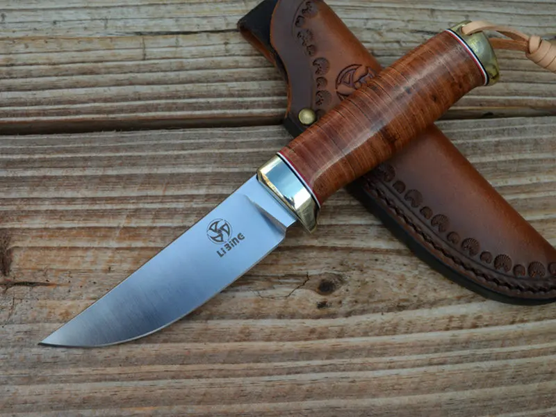

( trskt ) LB Camping Knife Survival Knives Hunting 60Hrc Satin Blade , D2 Steel Cowhide + Copper Handle With Cowhide Sheath