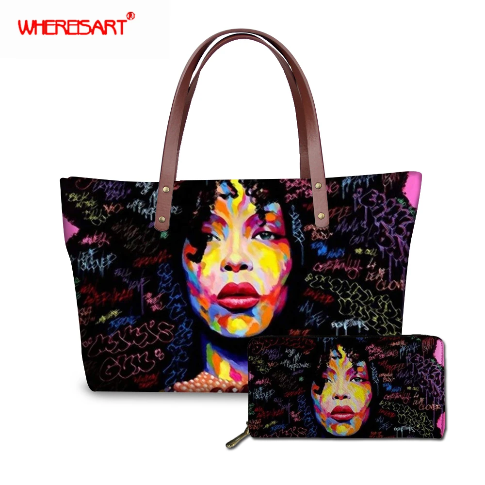 WHEREISART المرأة حقائب أعلى-حقائب بيد الأسود الملكة الفتيات الأفريقية الأفرو الفن السيدات المحافظ و حقائب حمل حقائب موهير 2019