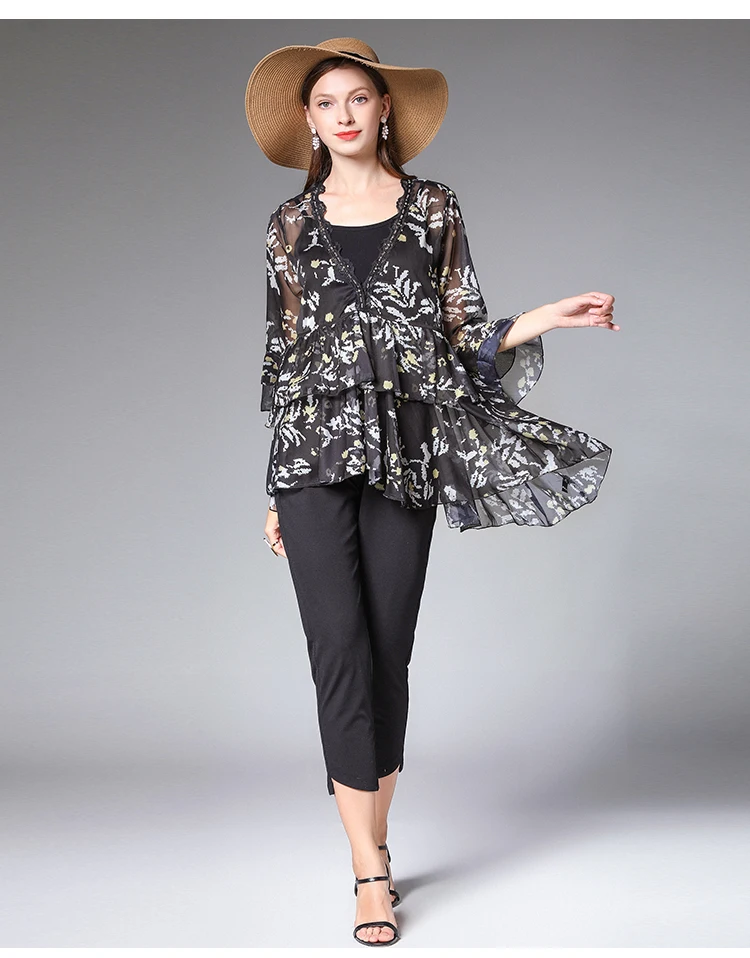 Летняя женская элегантная шифоновая рубашка с v-образным вырезом и цветочным принтом, расшитая бисером, с оборками, с расклешенными рукавами, асимметричная Свободная Повседневная блузка, topsXXXXL