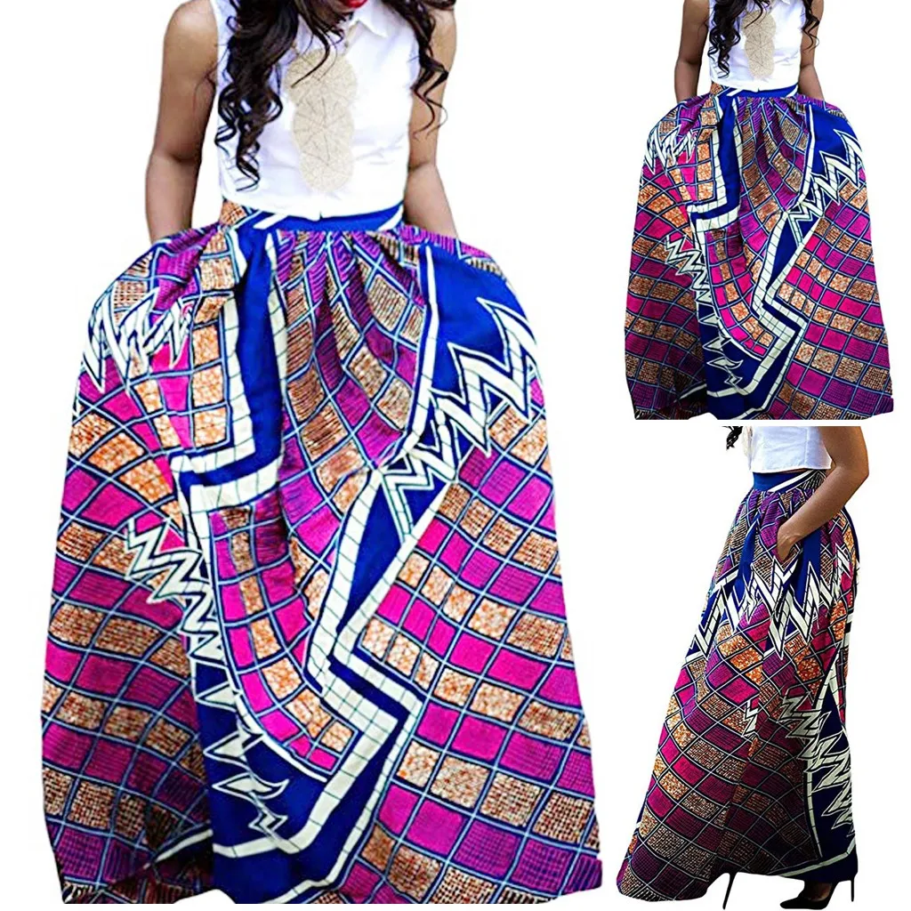 

Faldas Mujer Moda 2019 Womens Fashion Leisure African Flower Long Skirt High Waist A-line Long Skirt