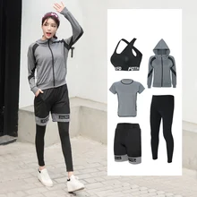 Yoga Set Women Zipper Hoodies Yoga Clothing Bra Shirt Short Legging 5 Pieces Set Sport Suit Fitness Breathable Gym Clothing
