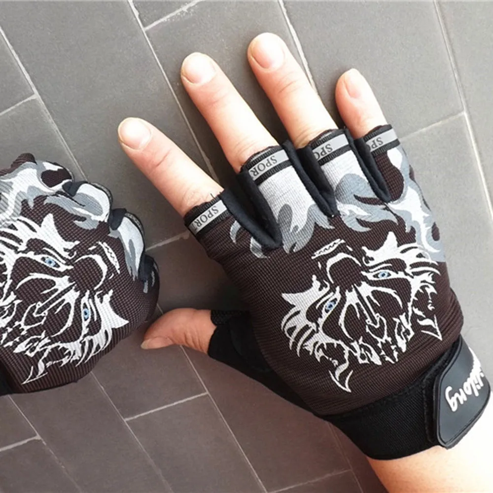 Мужские перчатки без пальцев, противоскользящие перчатки для велоспорта, спортзала, фитнеса, спорта, дышащие перчатки с принтом волчьей головы