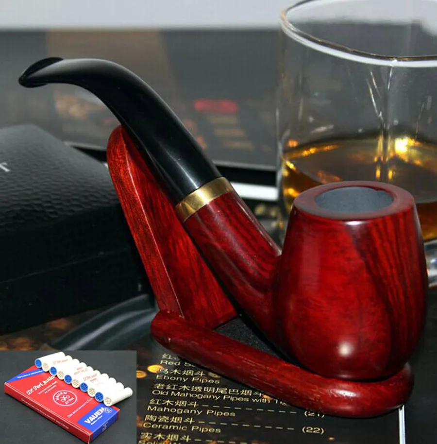 Handmade Solid Red Wood Golden Ring Smoking Pipe Set RoseWood Weed
