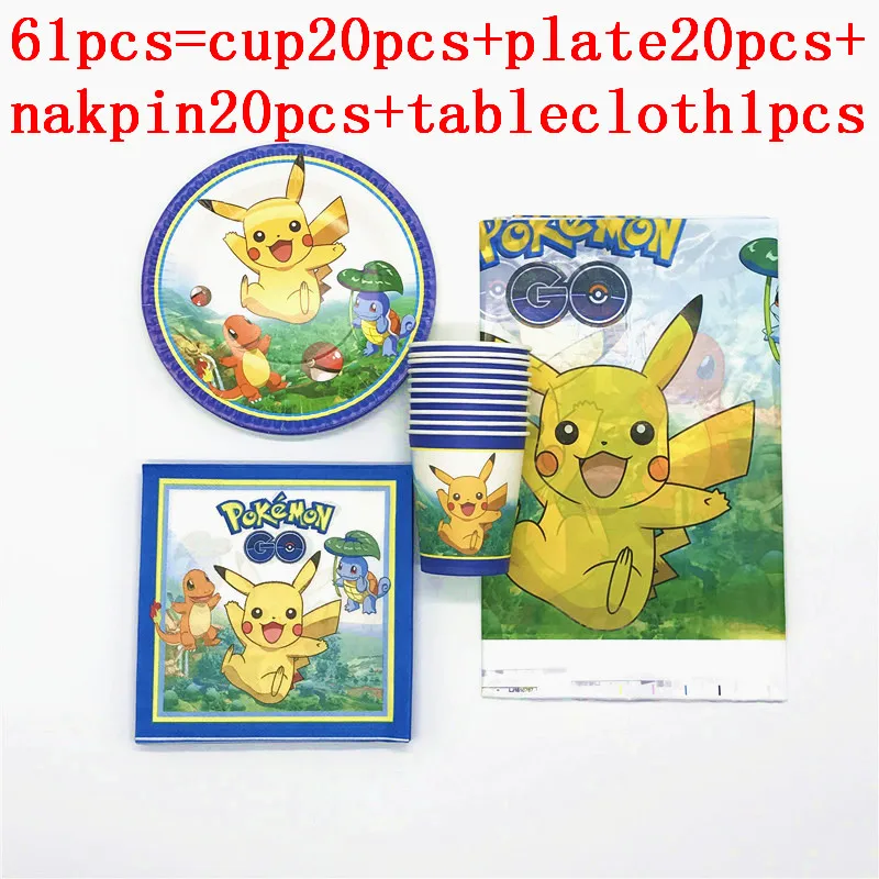 

41pcs/61pcs/lot Pokemon Go theme birthday party disposable tableware set children like Pikachu party supplies decoration