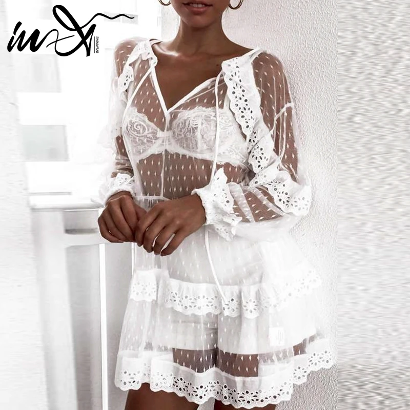 

In-X Transparent mesh beach dress See through swimsuit cover up White sexy cover-ups 2019 Summer beach wear tunic saida de beach