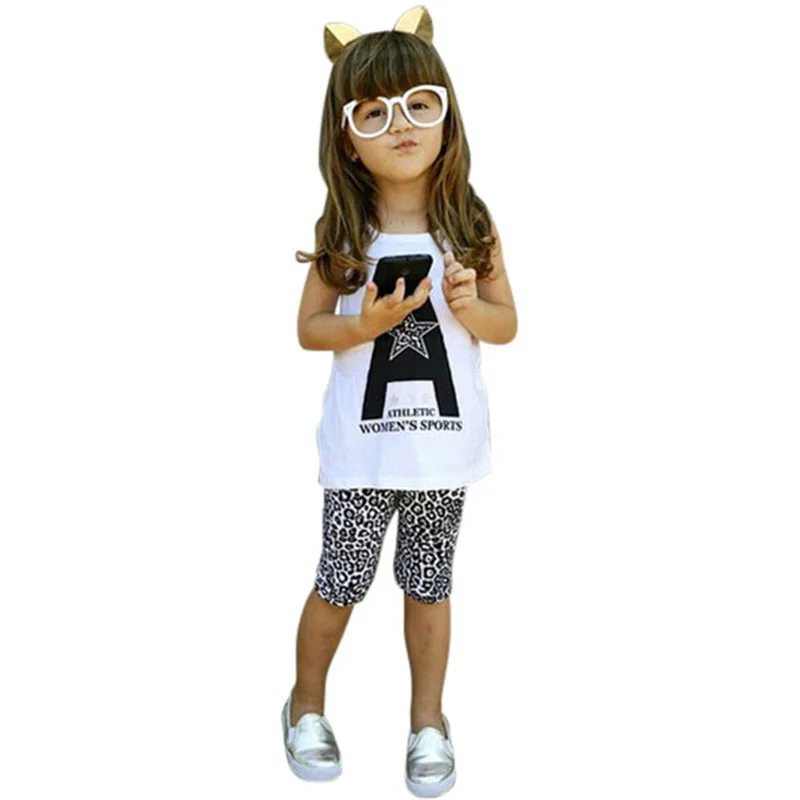 2PCS Summer New Toddler Kids Girls Vest Soft T shirt Tops Leopard Pants Outfits Clothes 2