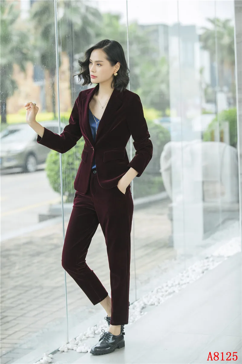 Высокое качество волокна-осень зима дамы черный блейзер женские деловые костюмы со штанами и курткой комплект Pleuche женская одежда