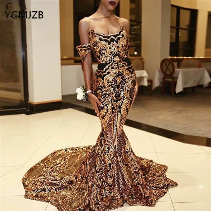 Vestido de noche largo dorado con hombros para mujer, con lentejuelas negro vestido de noche, vestido de fiesta Formal árabe saudita, graduación Sexy - AliExpress