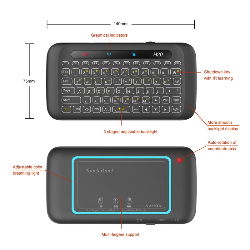2.4 GHz Mini Teclado Sem Fio com Touchpad Combo Mouse Backlit Remoto Multi Toque