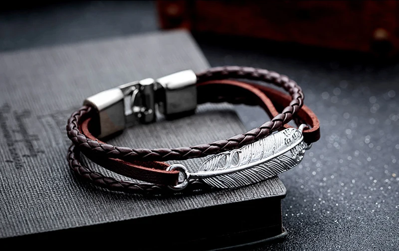 NIUYITID Feather Bracelet Man Leather Alloy Metal Charm Braslet For Men Handmade Friendship Bracelets & Bangles (9)