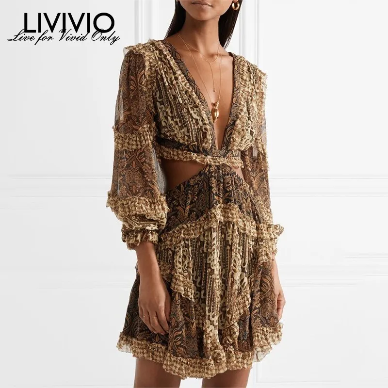 

[LIVIVIO] Sexy Print Dress Female V Neck Lantern Long Sleeve Hollow Out High Waist Bandage Dresses Women 2019 Spring Fashion