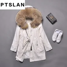 Ptslan 2017 Women s Real Raccoon Fur Collar Wool liner Genuine Sleeve Long Coat font b