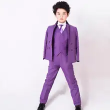 Фиолетовые детские костюмы с воротником-стойкой Custome Homme, модные смокинги, красивый комплект одежды, деловой блейзер(пиджак+ штаны+ галстук+ жилет