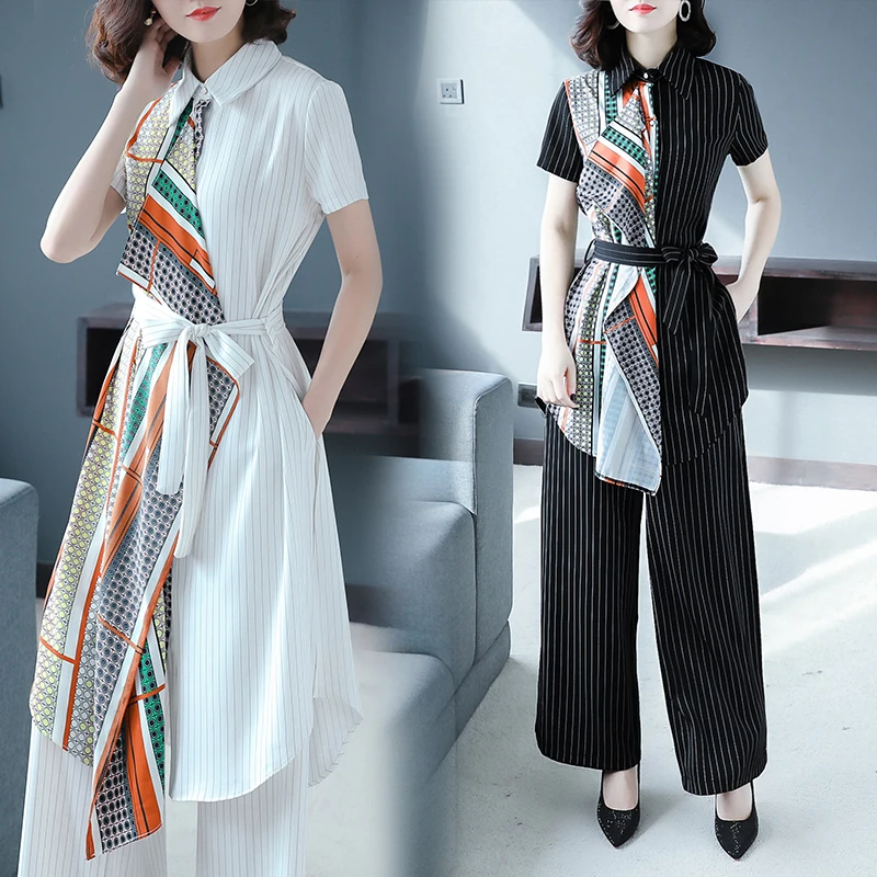 

Fashion Contrast Irregular Two-piece lapel Women Shirt Temperament High Waist Striped Wide Leg Pants 2019 Elegant Women Sets