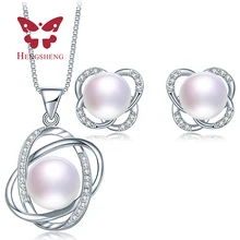 HENGSHENG Classic Perla Natural Perla Colgantes Pendientes Conjuntos de Sistemas de la Joyería de Plata de Ley 925 de Moda Mujer Joyería de la Boda