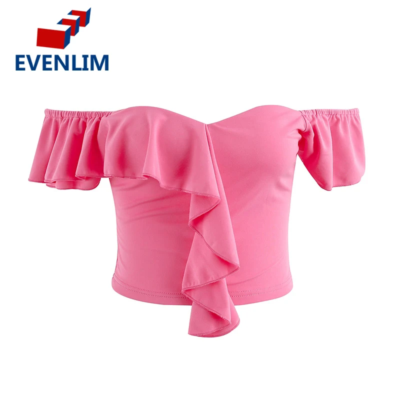 Evenlim Off Shoulder Ruffle женские укороченные топы летние пикантные спинки Slash шеи футболки