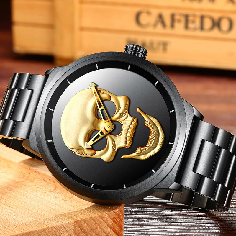 

BIDEN Men Watches Unique Punk Skull Quartz Wristwatch Luxury Steel Gold Black Man Clock Waterproof Sport Male Watch montre homme