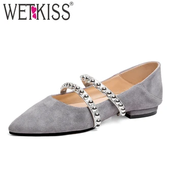 

WETKISS New Fashion Casual Flats Women Pointed Toe Flat Shoes Metal Decoration Footwear Kid Suede Flat Sole Autumn Ladies Shoes