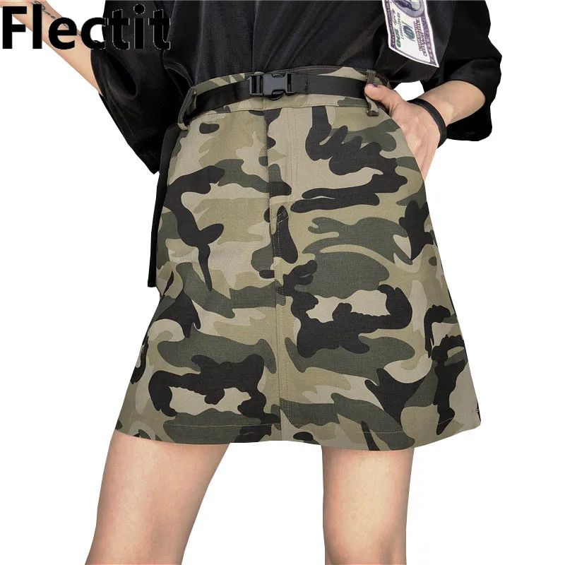 

Flectit Women Camo Skirt With Belt High Waist Camouflage Printed Utility Cargo Mini Skirt Street Style Saia