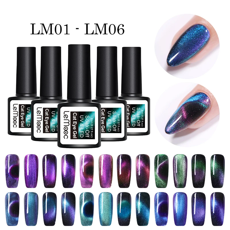 

LEMOOC 8ml 5D Chameleon Magnetic Gel Polish Glitter Blue Purple Colors Soak Off UV LED Nail Art Gel Varnish Black Base Needed