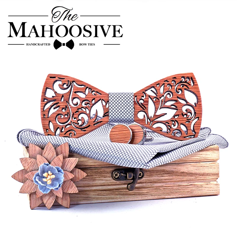  Wood BowTie Handkerchief Set Men's wooden Bowtie with cufflinks Floral design wood Box Fashion Nove