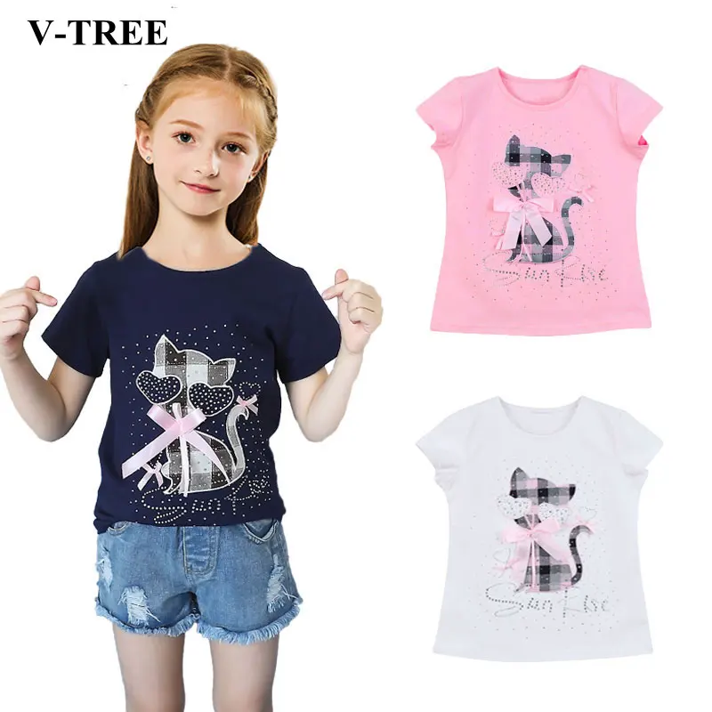 Летняя футболка для девочек, футболка с рисунком для девочек, топы для детей со стразами, От 2 до 8 лет, детские толстовки, футболки для малышей, верхняя одежда