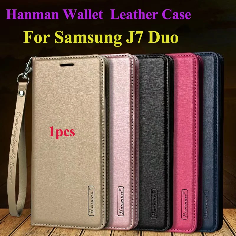 Hanman Flip Leather Case for Samsung J7 Duo 2018 Business Hang Rope