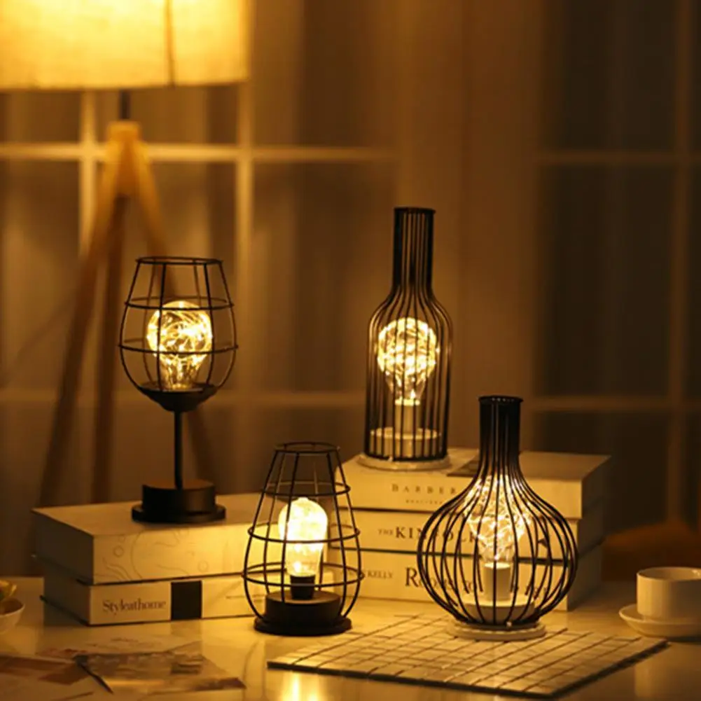  Retro Iron Winebottle Art Minimalist Hollow Table Lamp Copper Wire Night Light Hotel Home Decoratio