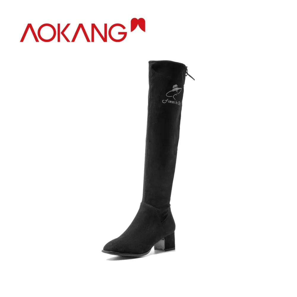 Kopen AOKANG 2018 Winter Laarzen Vrouwen Stretch Stof Over de Knie Laarzen Mode dame Dij Hoge Laarzen Zwart Warm Pluche botas mujer