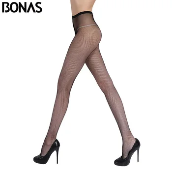 

BONAS Summer Sexy Nylon Small Mesh Pantyhose Women's Fashion Solid Color Tights Female Elasticity Hollow Black Fishnet Tights