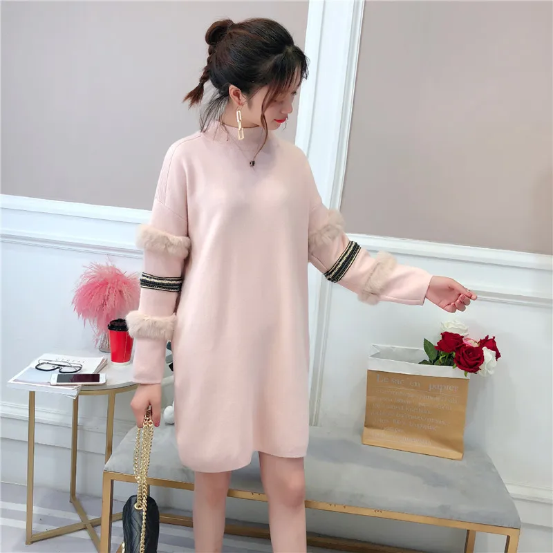 Mid-length Pullover Sweater Women's 2020 Autumn Winter Pearl Loose Dress Rabbit Fur Long-sleeved | Женская одежда