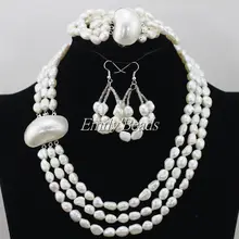 3 ряда риса натуральный пресноводный жемчуг ожерелье серьги браслет набор Свадебные вечерние ювелирные изделия FP069