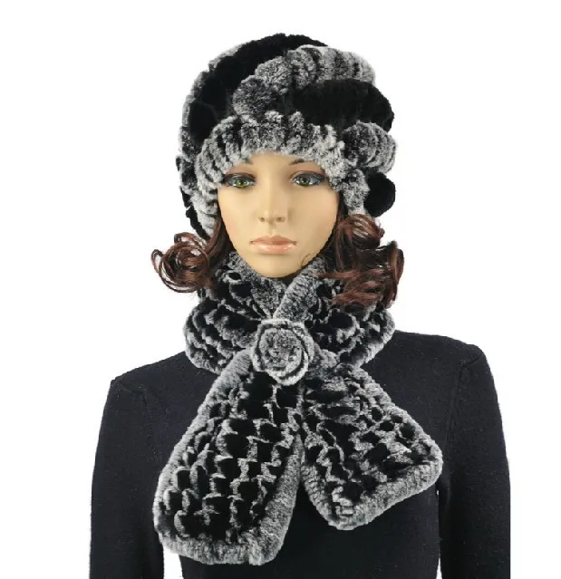 Меховая шапка и шарф набор для женщин девочек зимняя шапка комплект из натурального меха кролика rex пушистый шапочка-шарф серый красный