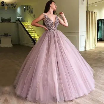 

Romatic Long Quinceanera 2020 Ball Gown Puffy Heavy Beaded Pearls Arabic Style Lavender Sweet 16 Quinceanera Dresses