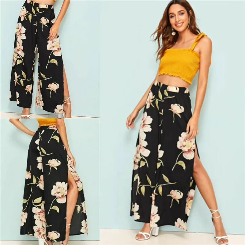 

Women Boho Floral Casual High Waist Loose Pants Spring&Summer Split Wide Leg Palazzo Elastic Trouser