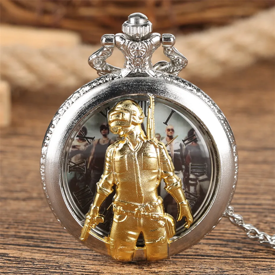 Известными играми, PUBG тема кварцевые карманные часы 3D Золотой Half Hunter Дисплей кулон с серебряной Цепочки и ожерелья сувенир цепочка подарок