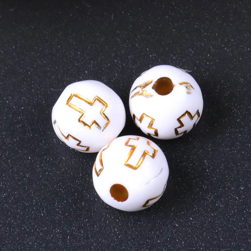 White Vintage Gold Cross Stripe Round Acrylic Spacer Beads For Bracelet Necklace Jewelry Making DIY 8mm 100pcs/lot 2018 New