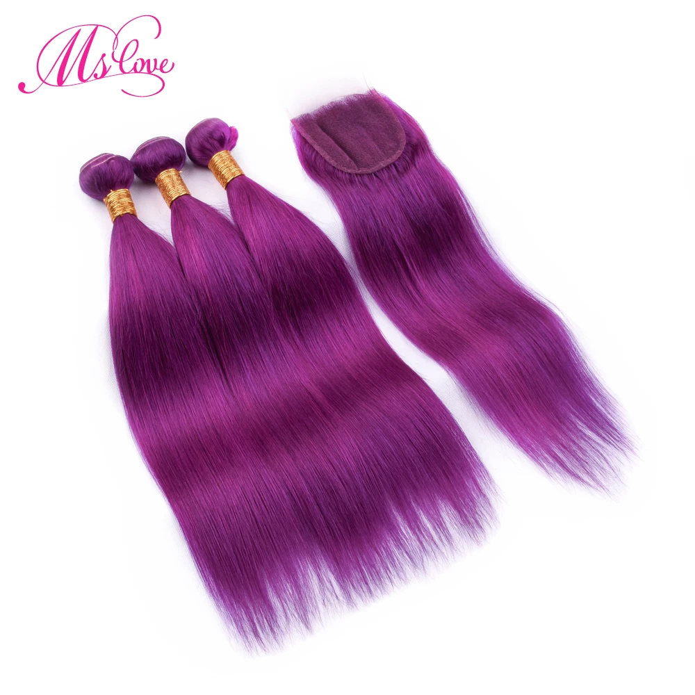 Ms Love Pre-Colored Purple Hair Bundles With Lace Closure Straight Brazilian Hair Bundles With Closure Remy Human Hair 4*4 Lace