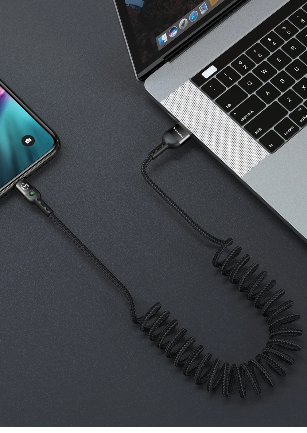 Mcdodo 1,8 м пружинный удлинитель стационарный кабель типа C для samsung huawei P30 Pro Xiaomi Phone быстрое зарядное устройство usb type-C кабель для передачи данных