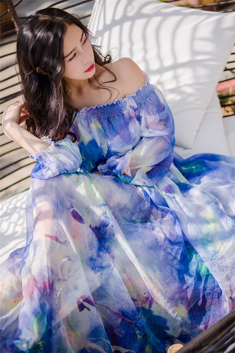 TANG Long Sleeve Summer Dress Foral Tropical Beach Vintage Maxi Dresses Boho Casual Off Shoulder Belt Chiffon Plus Size Dress (1)