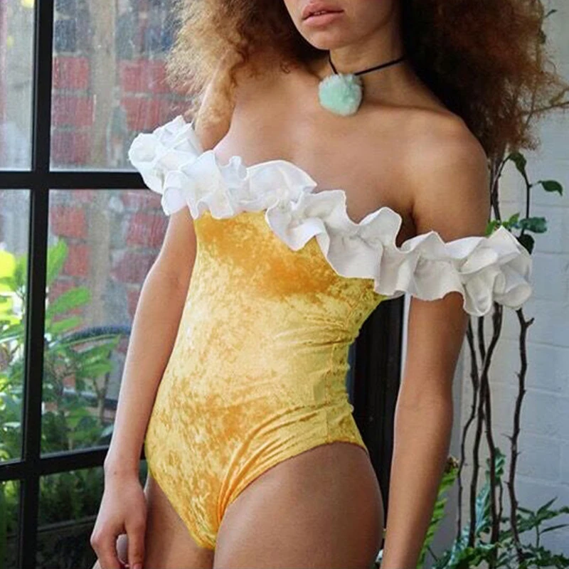

Turmeric Velvet yellow bikini 2019 new Off shoulder ruffles swimwear women bathing suit Plus size one piece swimsuit female New