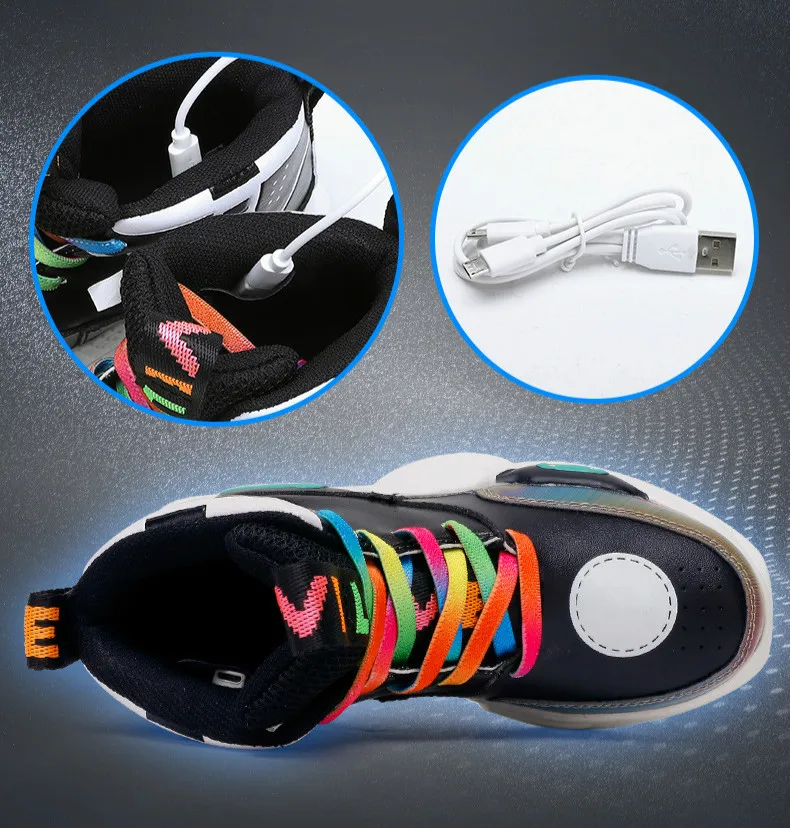 Модные светодиодный волоконно-оптический обувь для мальчиков и девочек; Зарядка через usb корзина перезарядки светящиеся светильник на шнуровке; спортивная обувь с подсветкой; кроссовки